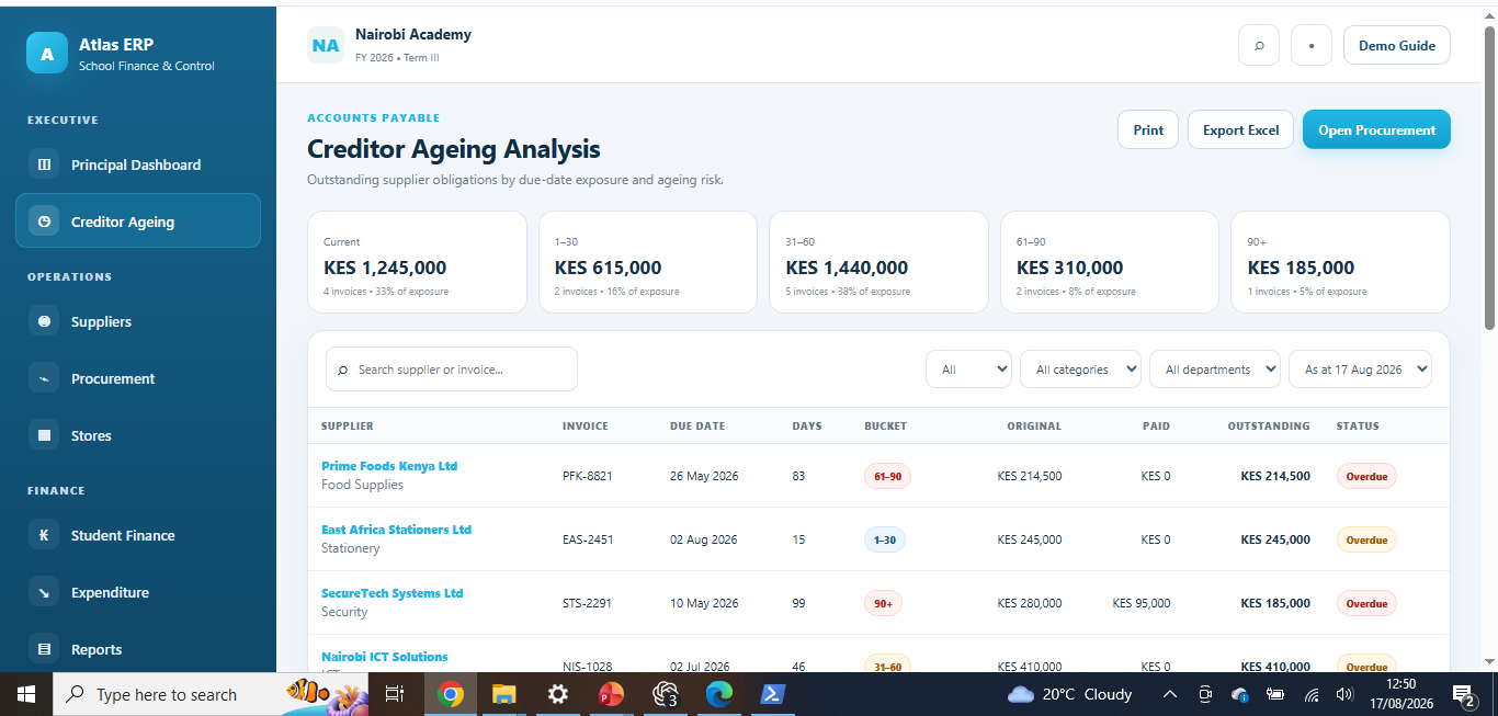 Sanitized creditor ageing analysis interface